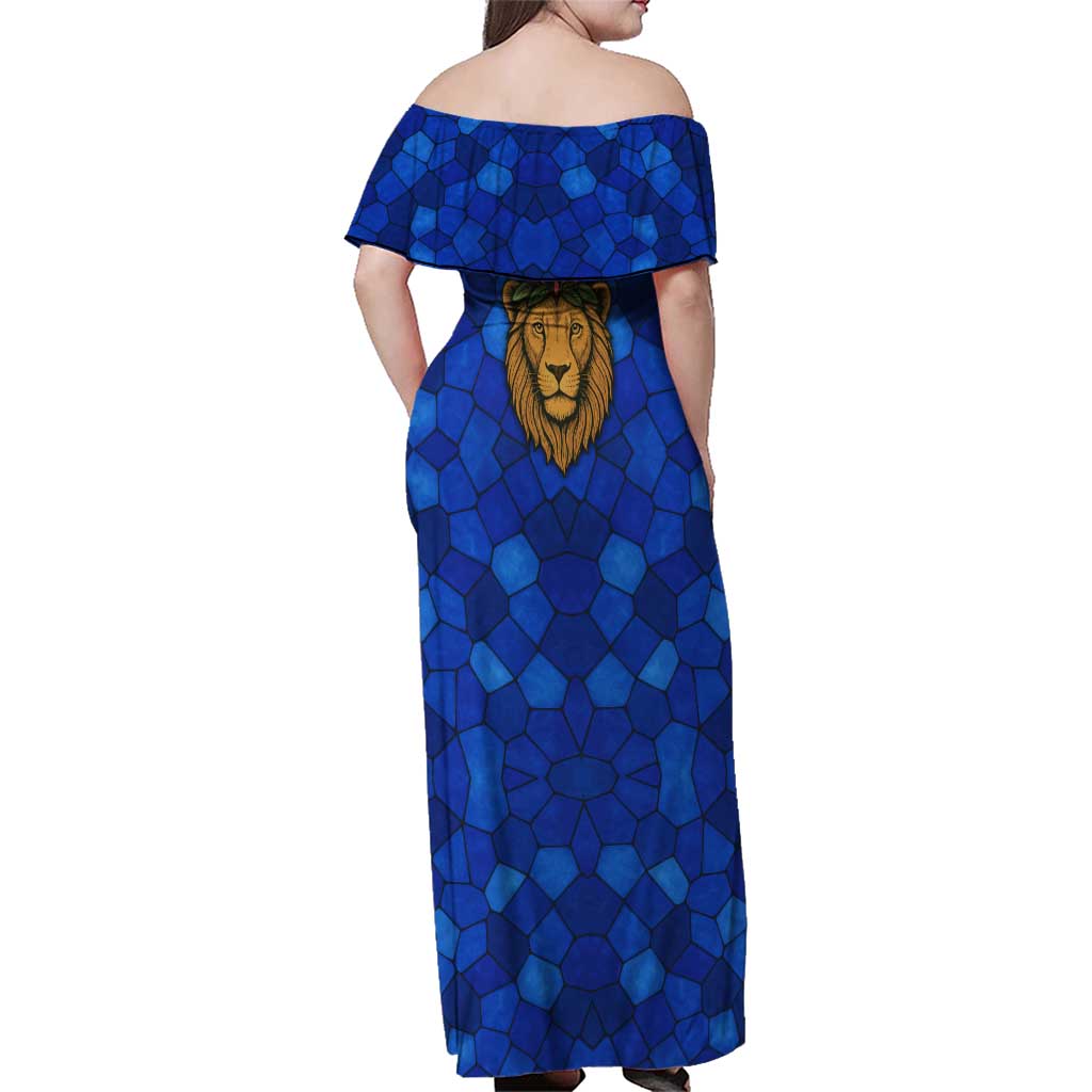 Tanzania Simba Lion Family Matching Off Shoulder Maxi Dress and Hawaiian Shirt with Floral Crown and Blue Mosaic Design