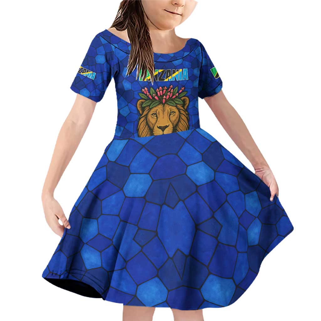 Tanzania Simba Lion Family Matching Off Shoulder Short Dress and Hawaiian Shirt with Floral Crown and Blue Mosaic Design