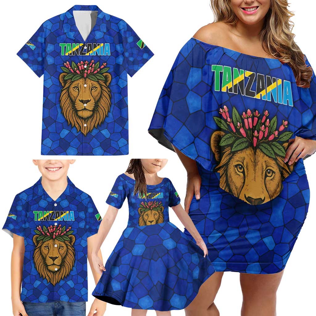 Tanzania Simba Lion Family Matching Off Shoulder Short Dress and Hawaiian Shirt with Floral Crown and Blue Mosaic Design