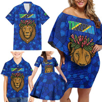 Tanzania Simba Lion Family Matching Off Shoulder Short Dress and Hawaiian Shirt with Floral Crown and Blue Mosaic Design