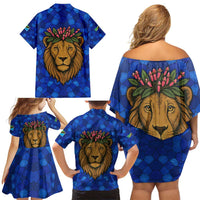 Tanzania Simba Lion Family Matching Off Shoulder Short Dress and Hawaiian Shirt with Floral Crown and Blue Mosaic Design