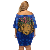Tanzania Simba Lion Family Matching Off Shoulder Short Dress and Hawaiian Shirt with Floral Crown and Blue Mosaic Design
