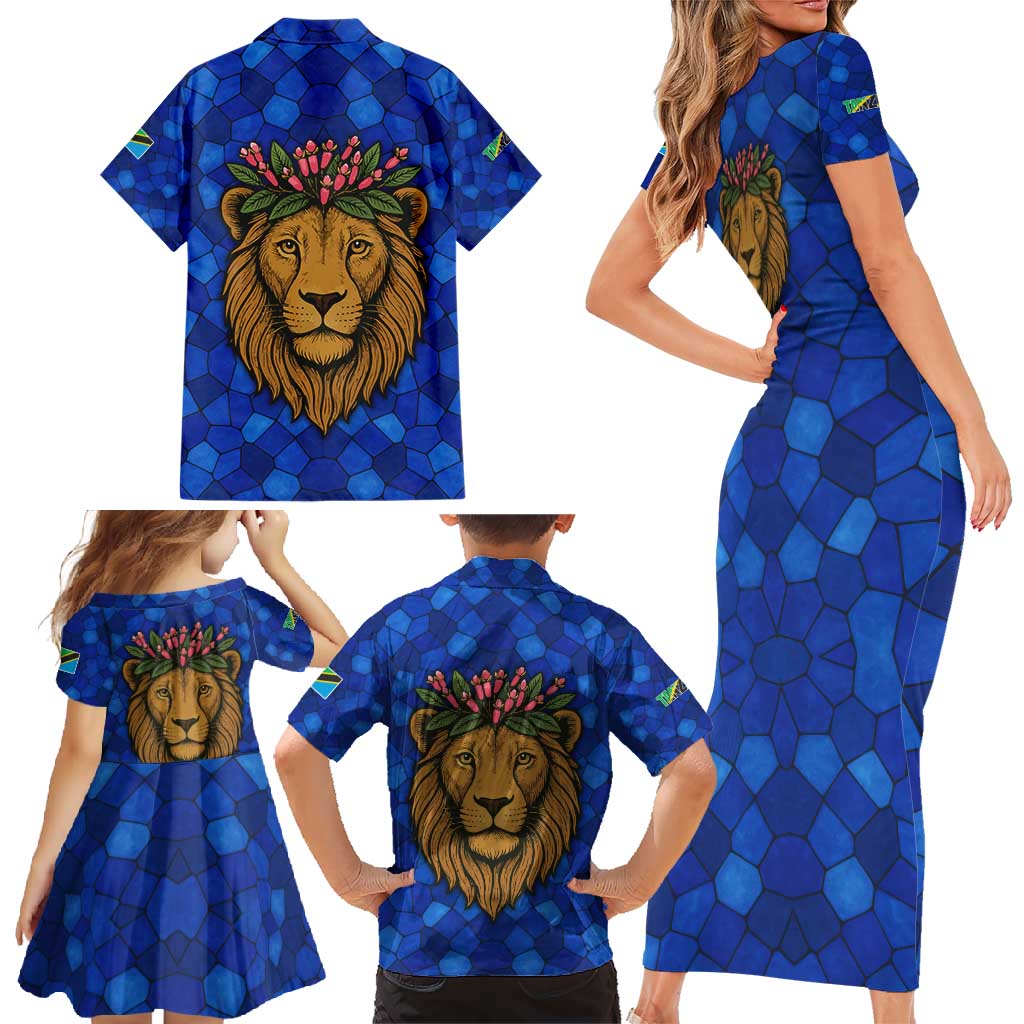 Tanzania Simba Lion Family Matching Short Sleeve Bodycon Dress and Hawaiian Shirt with Floral Crown and Blue Mosaic Design