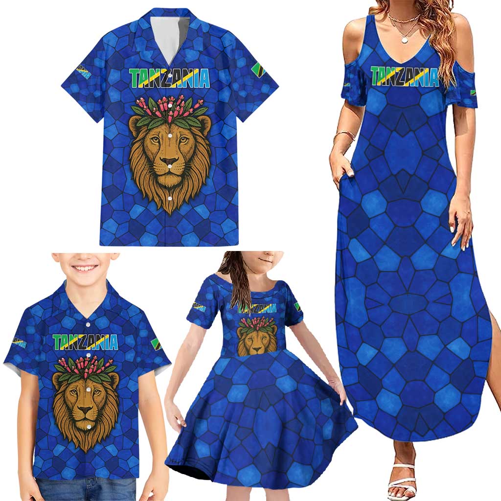 Tanzania Simba Lion Family Matching Summer Maxi Dress and Hawaiian Shirt with Floral Crown and Blue Mosaic Design