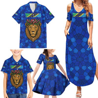 Tanzania Simba Lion Family Matching Summer Maxi Dress and Hawaiian Shirt with Floral Crown and Blue Mosaic Design