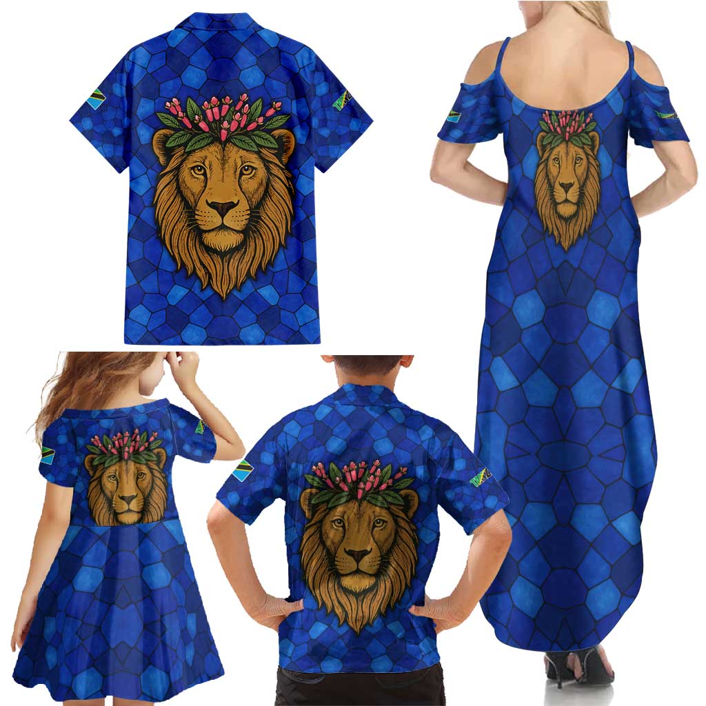 Tanzania Simba Lion Family Matching Summer Maxi Dress and Hawaiian Shirt with Floral Crown and Blue Mosaic Design