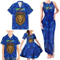 Tanzania Simba Lion Family Matching Tank Maxi Dress and Hawaiian Shirt with Floral Crown and Blue Mosaic Design