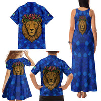 Tanzania Simba Lion Family Matching Tank Maxi Dress and Hawaiian Shirt with Floral Crown and Blue Mosaic Design