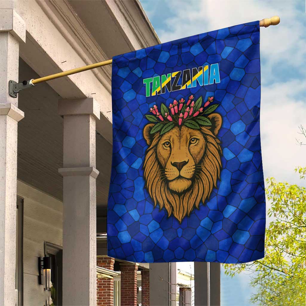 Tanzania Simba Lion Garden Flag with Floral Crown and Blue Mosaic Design
