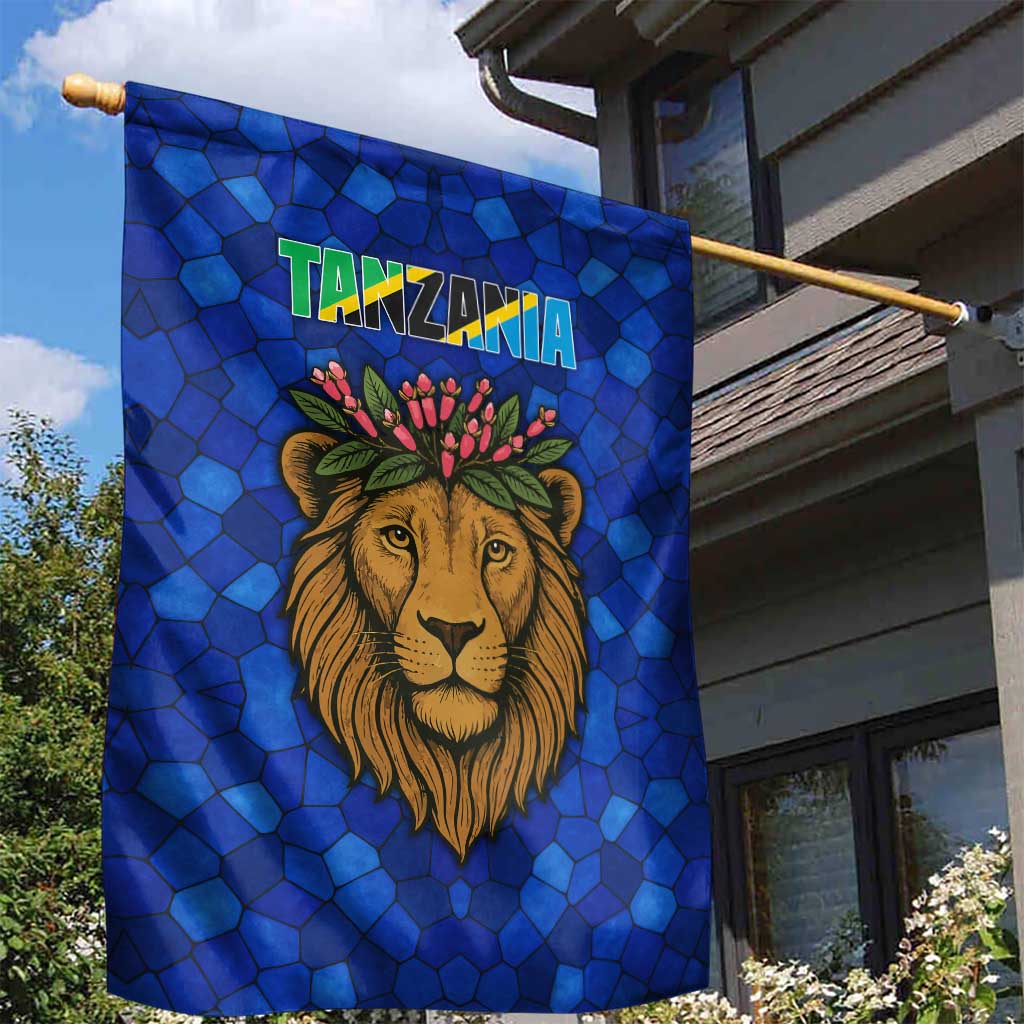 Tanzania Simba Lion Garden Flag with Floral Crown and Blue Mosaic Design