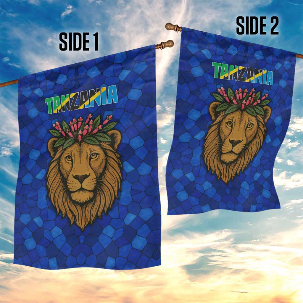 Tanzania Simba Lion Garden Flag with Floral Crown and Blue Mosaic Design