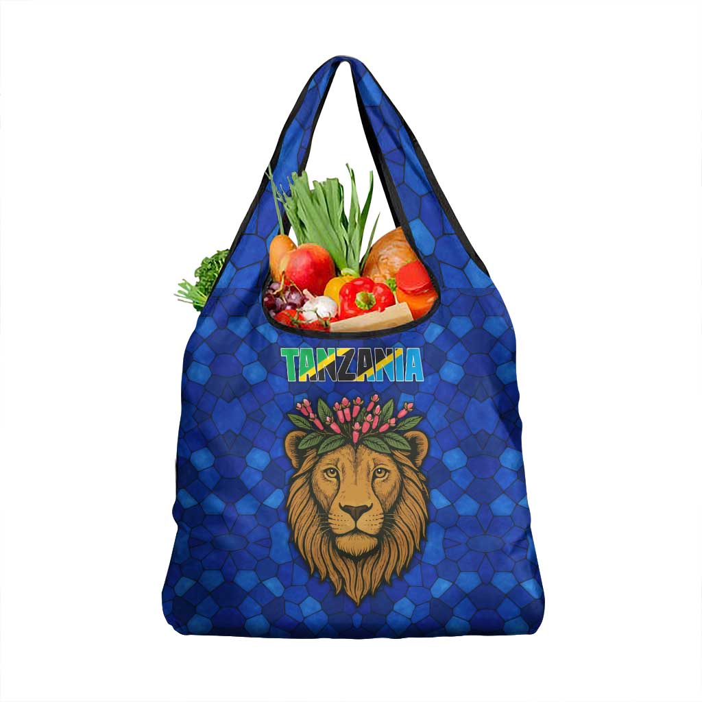 Tanzania Simba Lion Grocery Bag with Floral Crown and Blue Mosaic Design