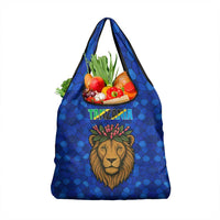 Tanzania Simba Lion Grocery Bag with Floral Crown and Blue Mosaic Design