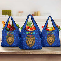 Tanzania Simba Lion Grocery Bag with Floral Crown and Blue Mosaic Design