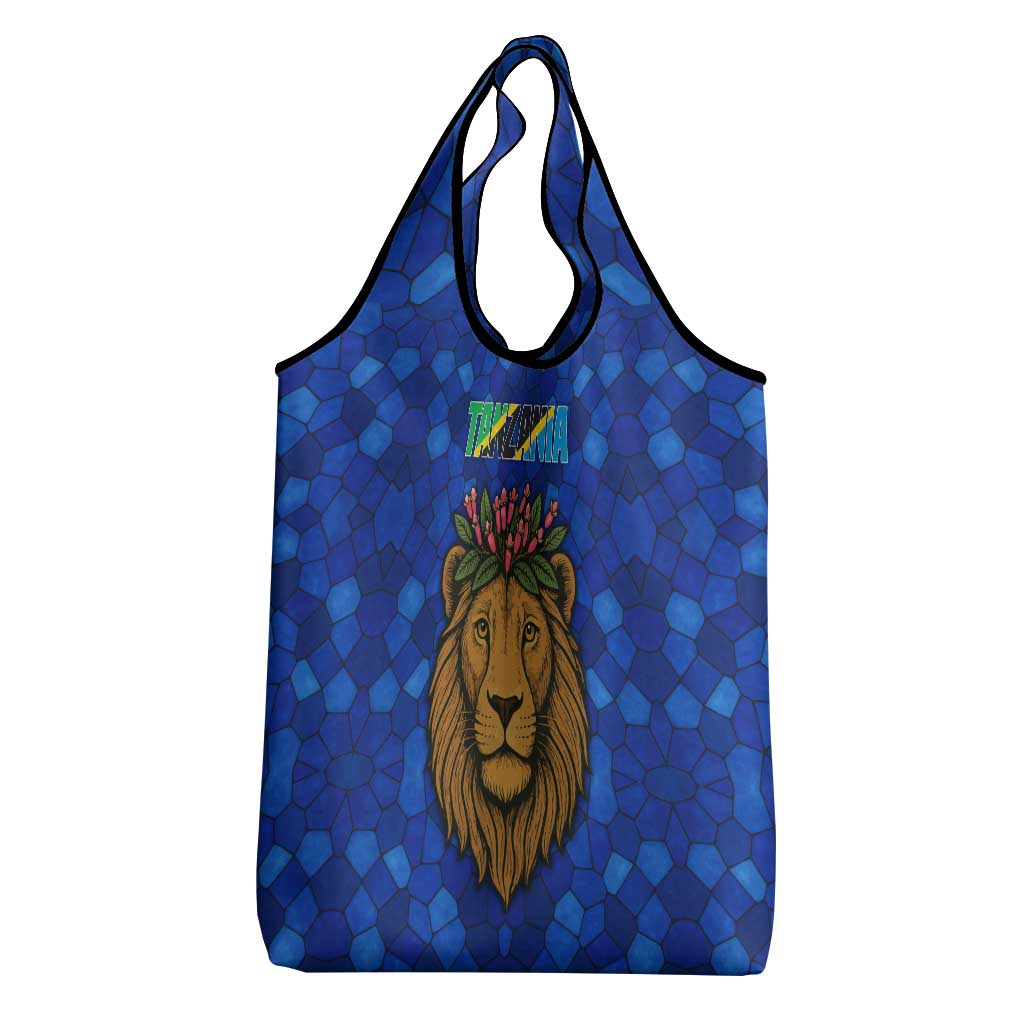 Tanzania Simba Lion Grocery Bag with Floral Crown and Blue Mosaic Design