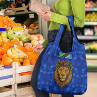 Tanzania Simba Lion Grocery Bag with Floral Crown and Blue Mosaic Design
