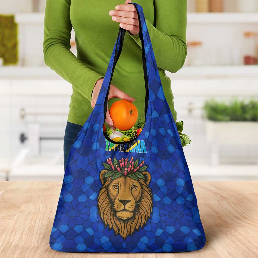 Tanzania Simba Lion Grocery Bag with Floral Crown and Blue Mosaic Design