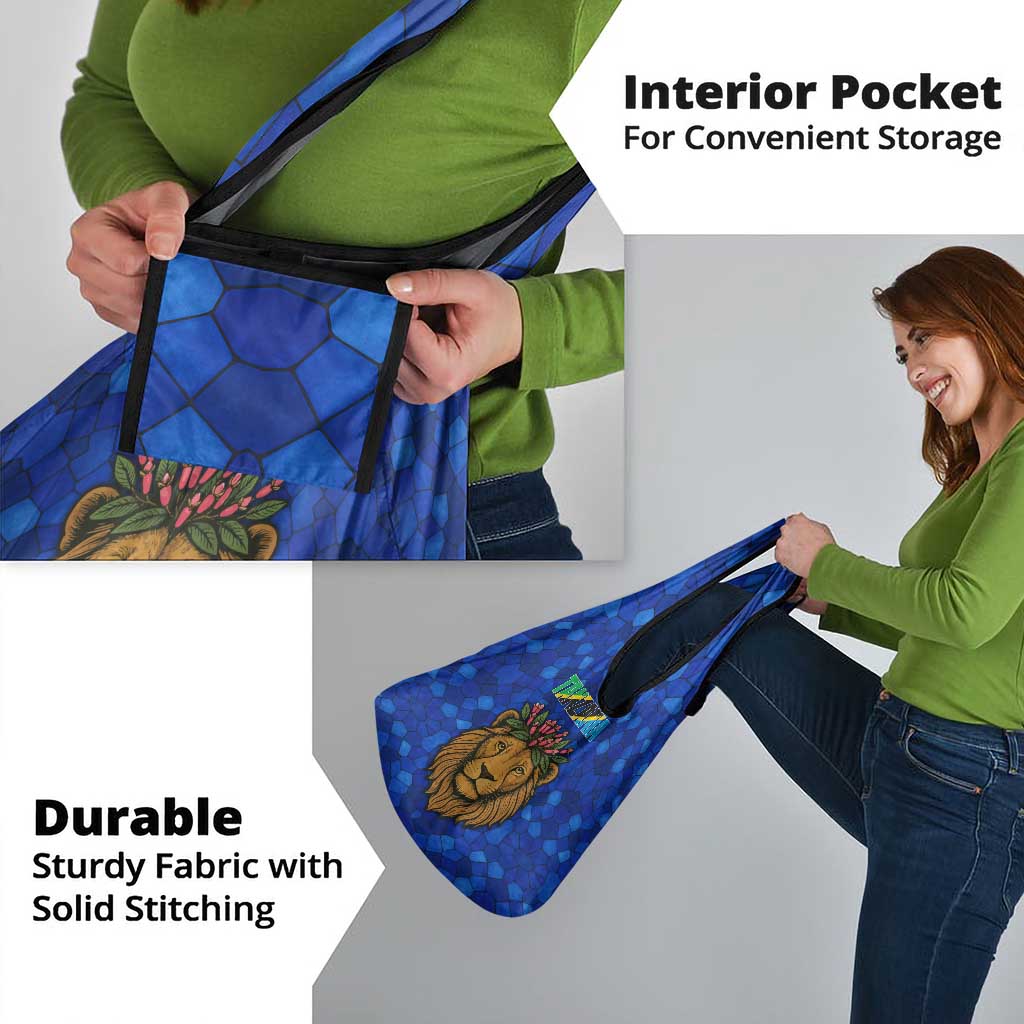 Tanzania Simba Lion Grocery Bag with Floral Crown and Blue Mosaic Design