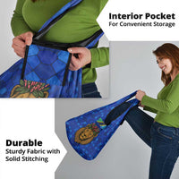 Tanzania Simba Lion Grocery Bag with Floral Crown and Blue Mosaic Design