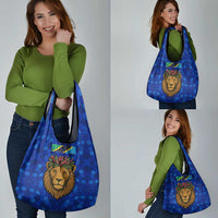 Tanzania Simba Lion Grocery Bag with Floral Crown and Blue Mosaic Design