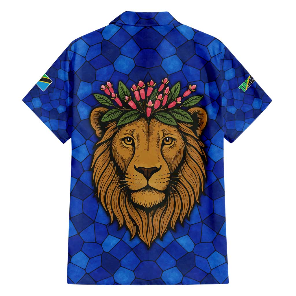 Tanzania Simba Lion Hawaiian Shirt with Floral Crown and Blue Mosaic Design
