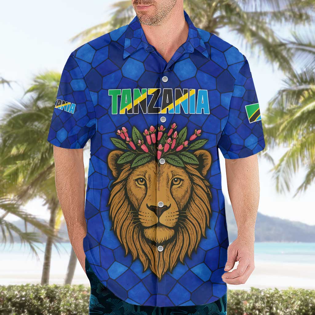 Tanzania Simba Lion Hawaiian Shirt with Floral Crown and Blue Mosaic Design