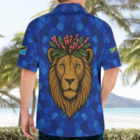 Tanzania Simba Lion Hawaiian Shirt with Floral Crown and Blue Mosaic Design