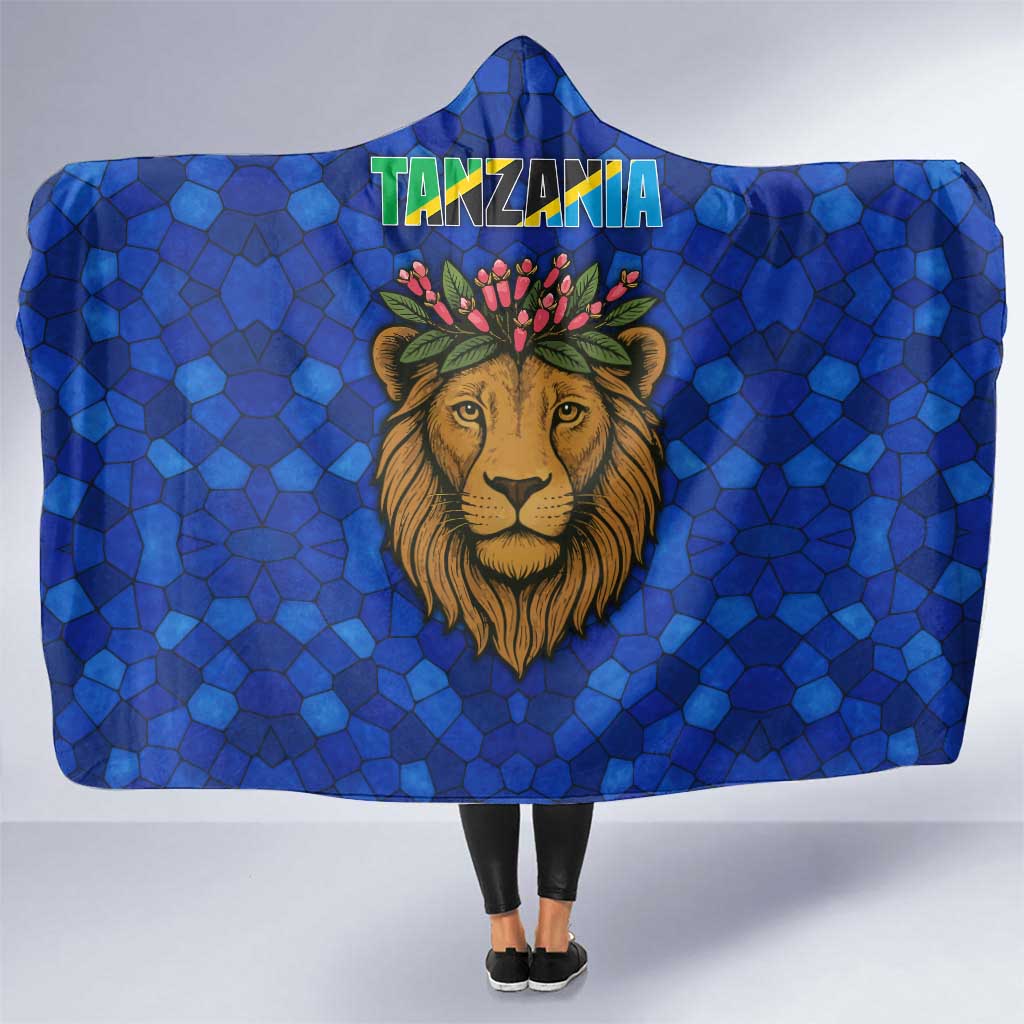 Tanzania Simba Lion Hooded Blanket with Floral Crown and Blue Mosaic Design