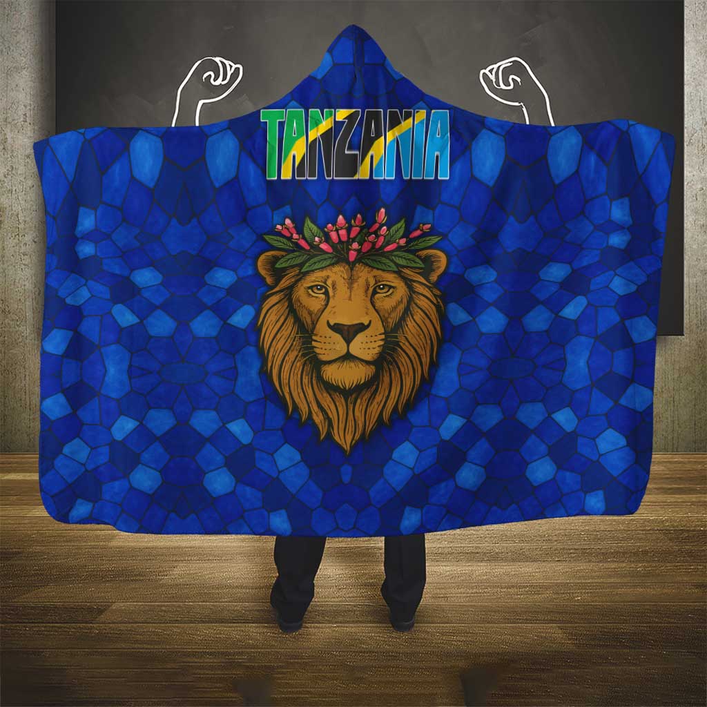 Tanzania Simba Lion Hooded Blanket with Floral Crown and Blue Mosaic Design