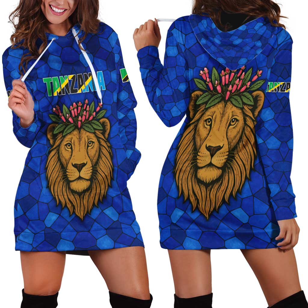 Tanzania Simba Lion Hoodie Dress with Floral Crown and Blue Mosaic Design
