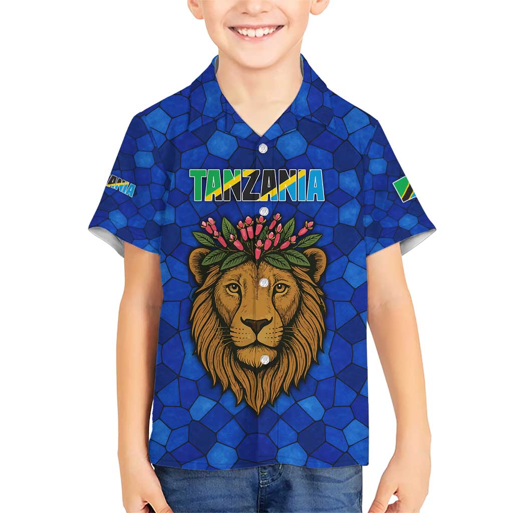 Tanzania Simba Lion Kid Hawaiian Shirt with Floral Crown and Blue Mosaic Design