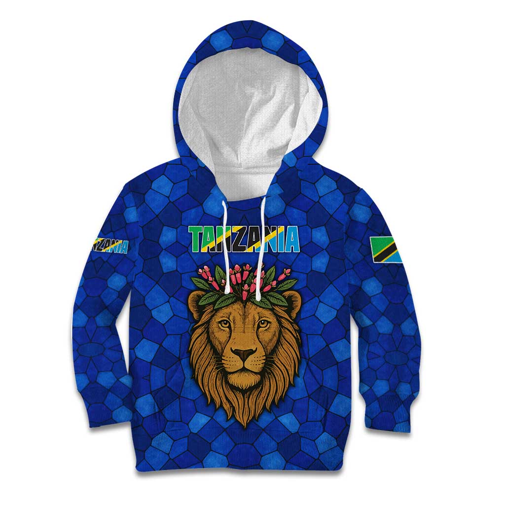 Tanzania Simba Lion Kid Hoodie with Floral Crown and Blue Mosaic Design