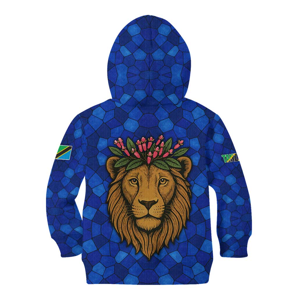 Tanzania Simba Lion Kid Hoodie with Floral Crown and Blue Mosaic Design