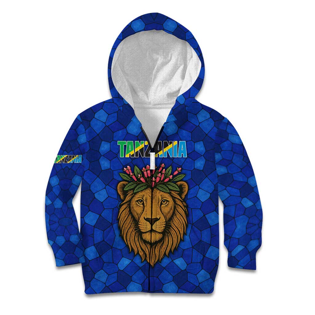 Tanzania Simba Lion Kid Hoodie with Floral Crown and Blue Mosaic Design