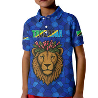 Tanzania Simba Lion Kid Polo Shirt with Floral Crown and Blue Mosaic Design