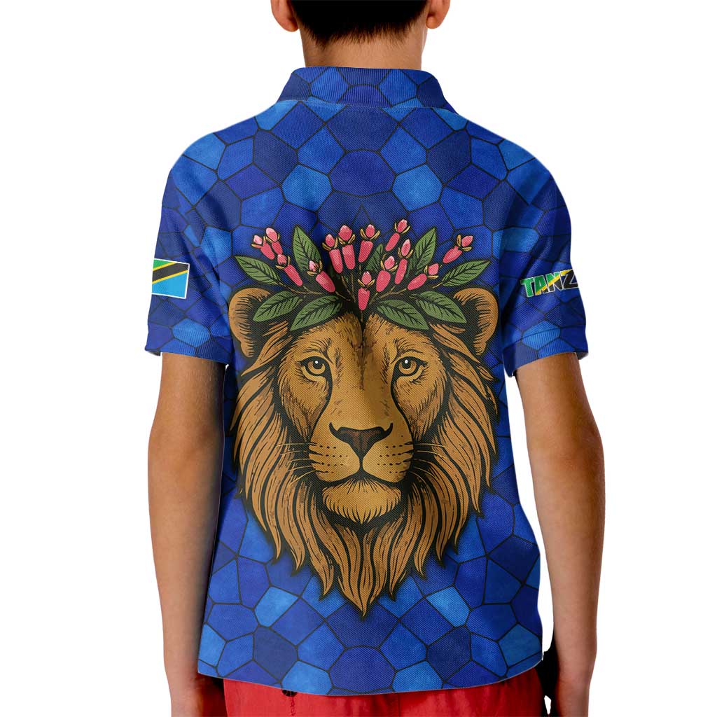 Tanzania Simba Lion Kid Polo Shirt with Floral Crown and Blue Mosaic Design