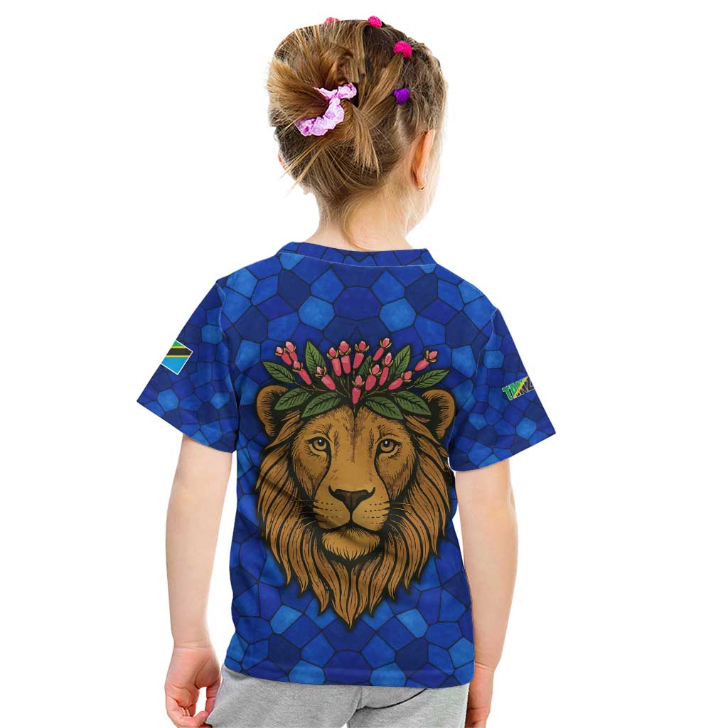 Tanzania Simba Lion Kid T Shirt with Floral Crown and Blue Mosaic Design