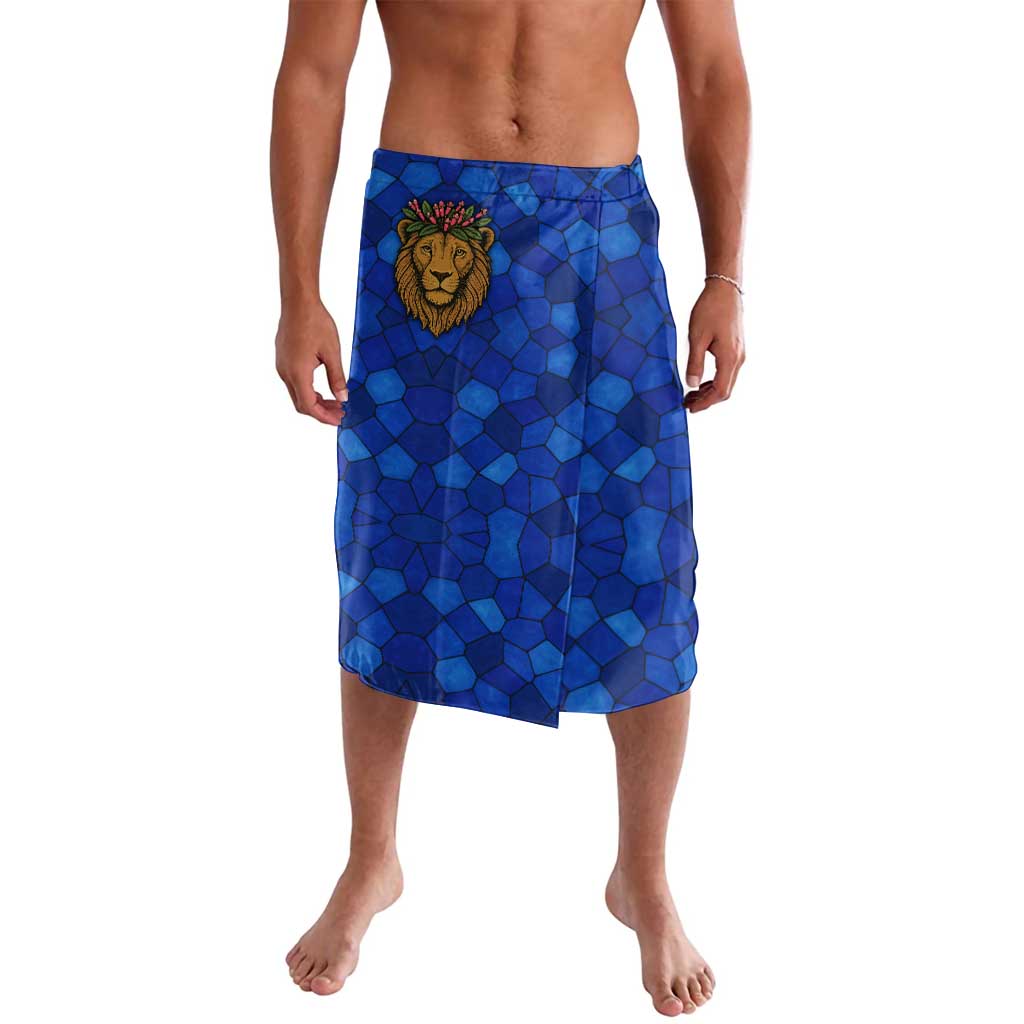 Tanzania Simba Lion Lavalava with Floral Crown and Blue Mosaic Design