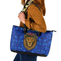 Tanzania Simba Lion Leather Tote Bag with Floral Crown and Blue Mosaic Design