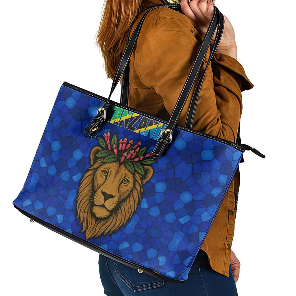 Tanzania Simba Lion Leather Tote Bag with Floral Crown and Blue Mosaic Design