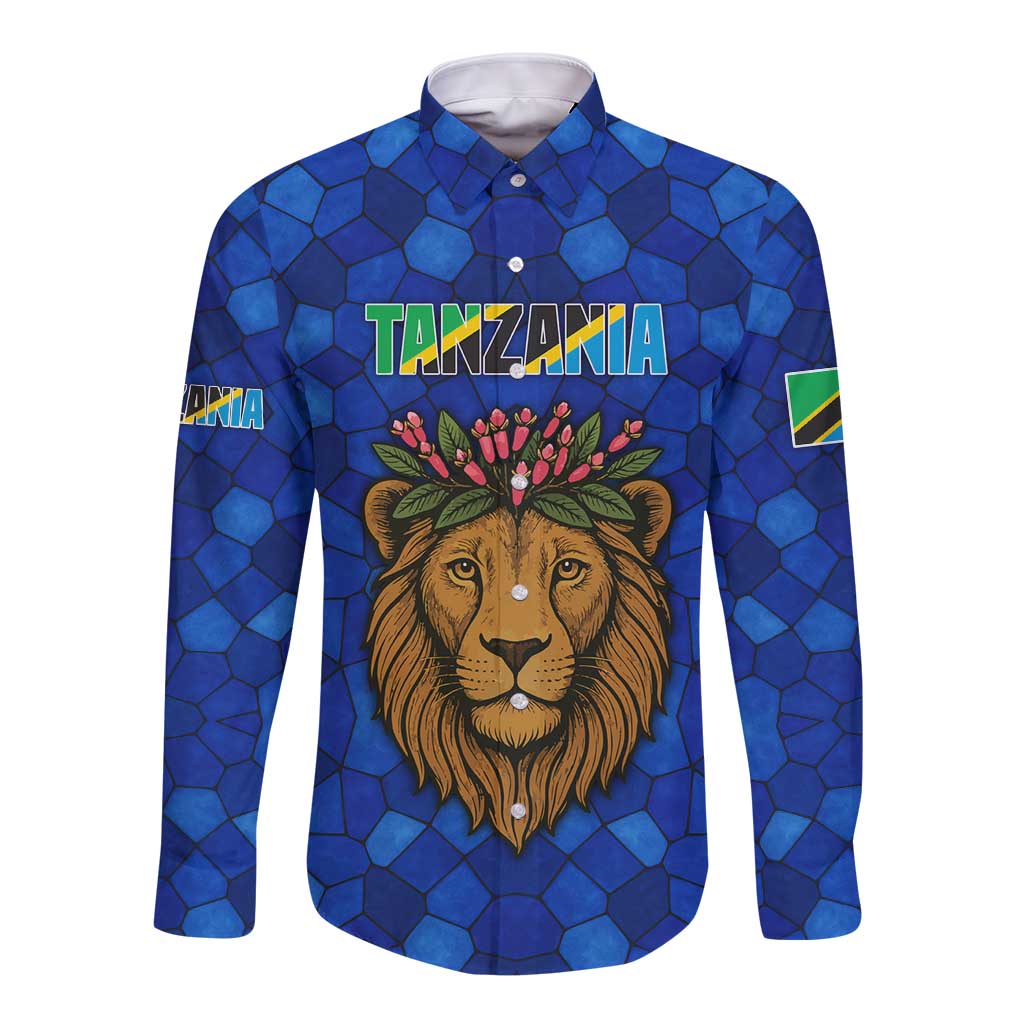 Tanzania Simba Lion Long Sleeve Button Shirt with Floral Crown and Blue Mosaic Design