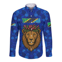 Tanzania Simba Lion Long Sleeve Button Shirt with Floral Crown and Blue Mosaic Design