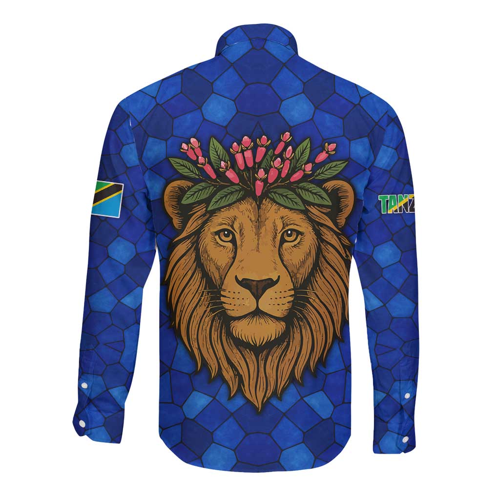 Tanzania Simba Lion Long Sleeve Button Shirt with Floral Crown and Blue Mosaic Design