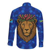Tanzania Simba Lion Long Sleeve Button Shirt with Floral Crown and Blue Mosaic Design