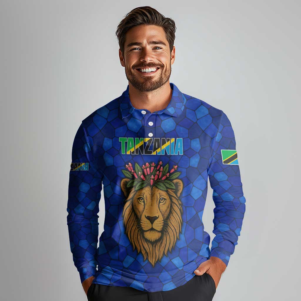 Tanzania Simba Lion Long Sleeve Polo Shirt with Floral Crown and Blue Mosaic Design