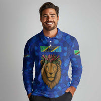 Tanzania Simba Lion Long Sleeve Polo Shirt with Floral Crown and Blue Mosaic Design