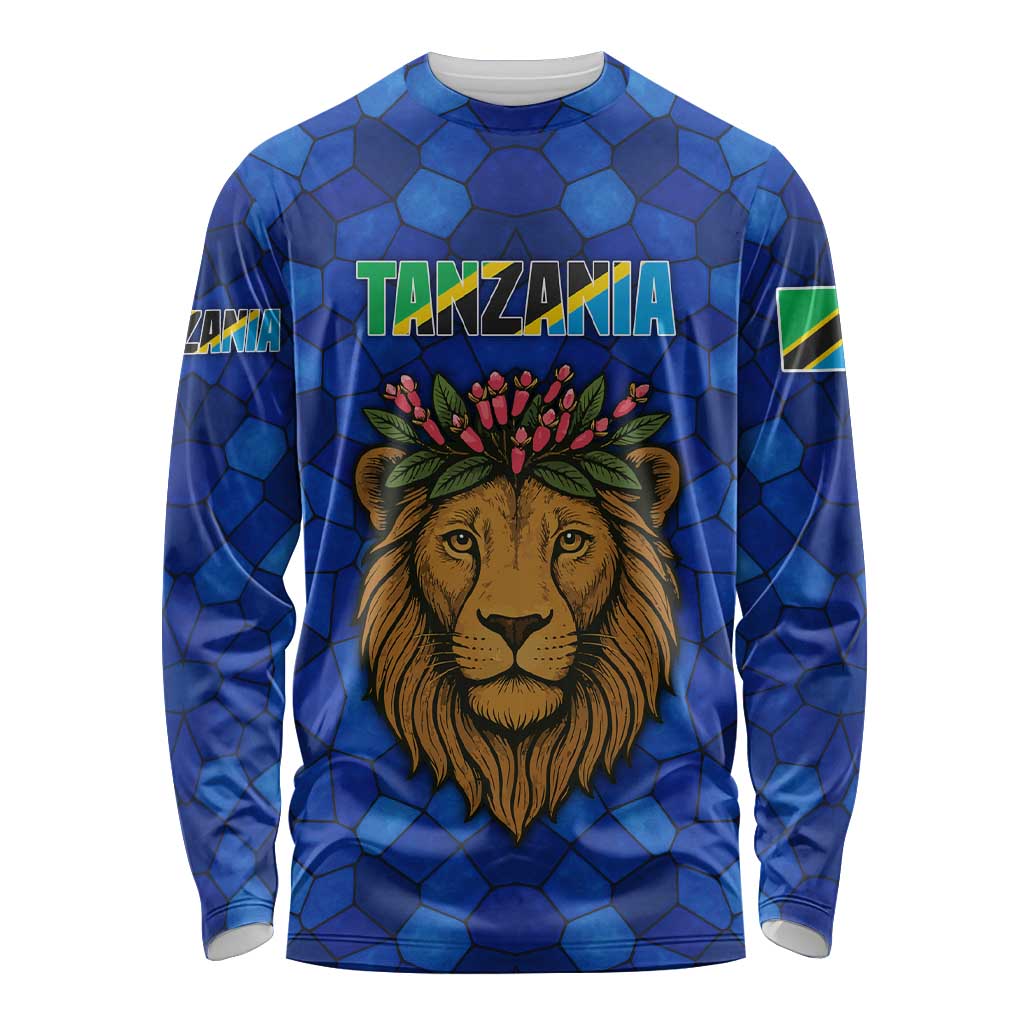 Tanzania Simba Lion Long Sleeve Shirt with Floral Crown and Blue Mosaic Design