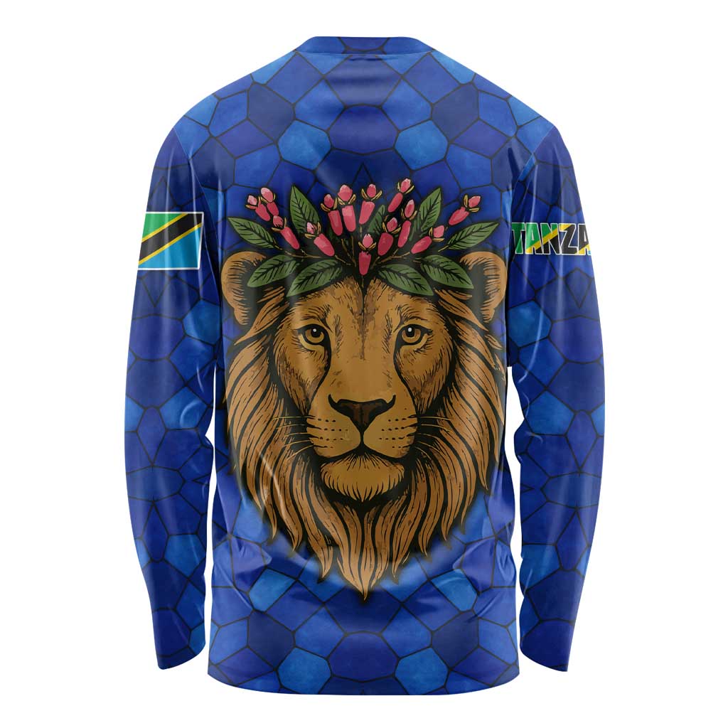 Tanzania Simba Lion Long Sleeve Shirt with Floral Crown and Blue Mosaic Design