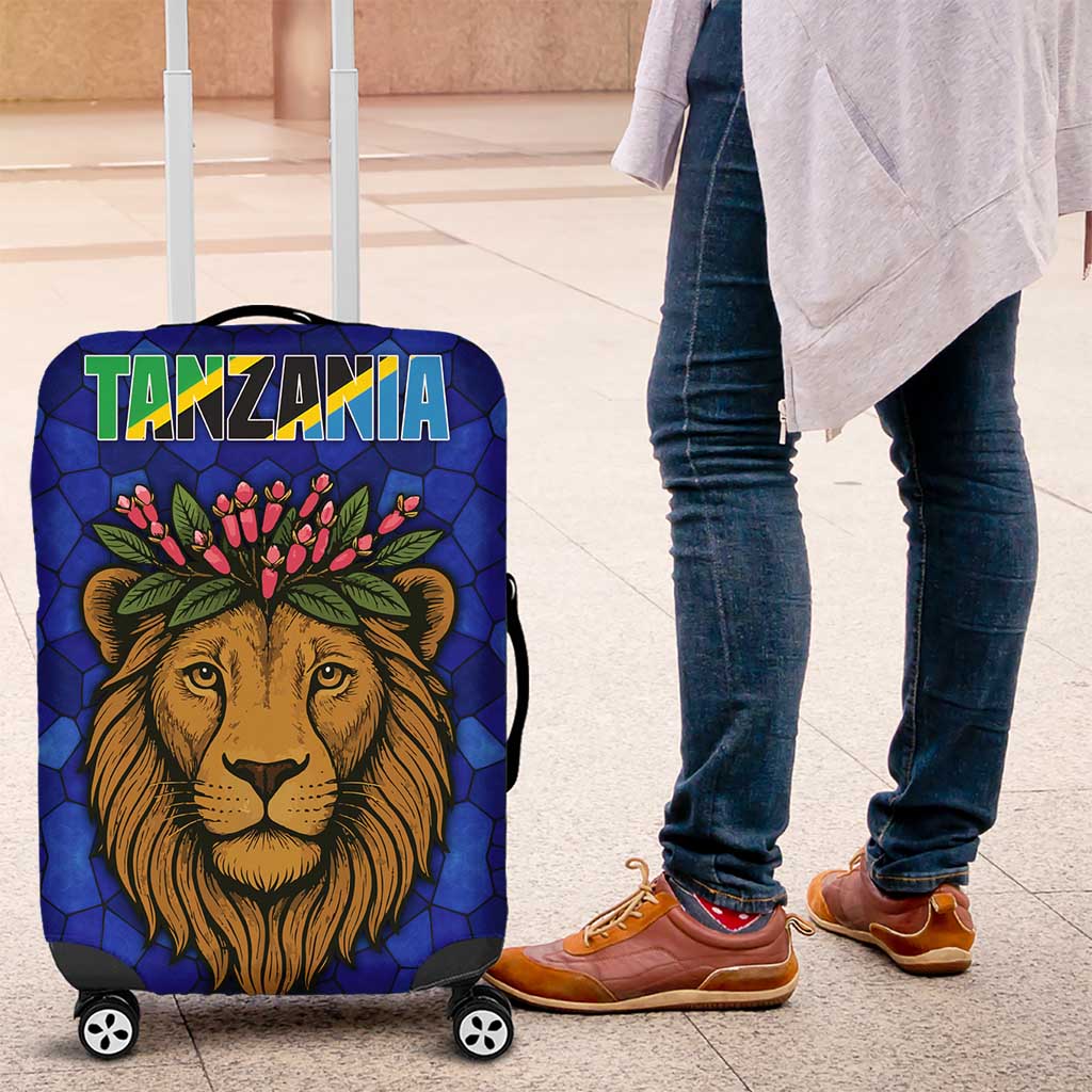 Tanzania Simba Lion Luggage Cover with Floral Crown and Blue Mosaic Design