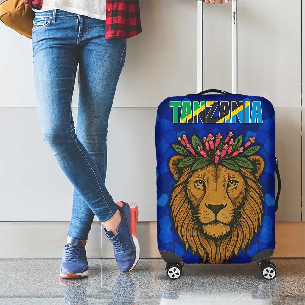 Tanzania Simba Lion Luggage Cover with Floral Crown and Blue Mosaic Design